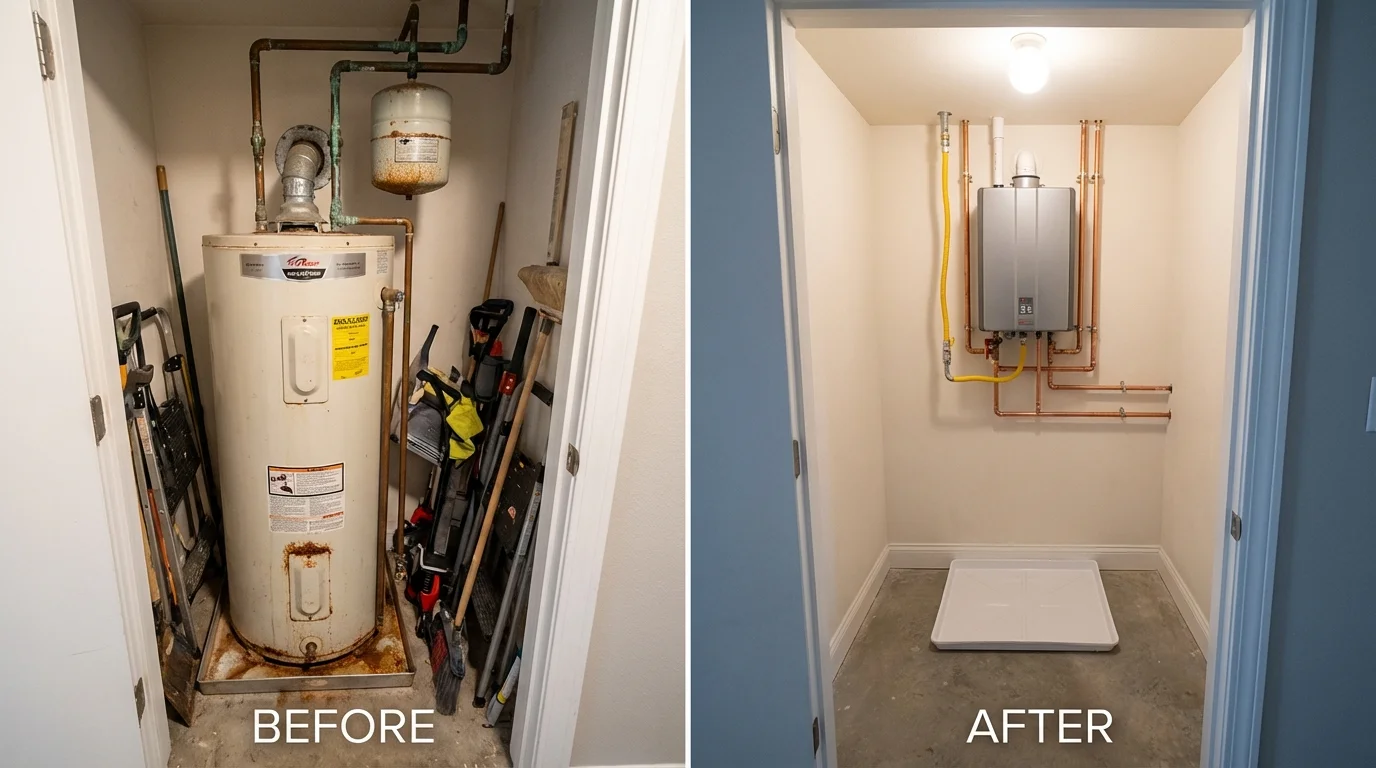Tank water heater versus wall-mounted tankless unit comparison for Fort Lee, VA homeowners