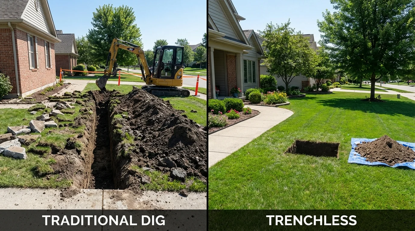 Trenchless sewer repair with minimal yard damage versus traditional excavation in Fort Lee, VA