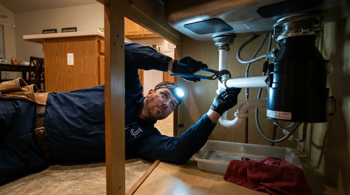 P-trap and supply line connections under a kitchen sink showing a common leak point in Fort Lee, VA
